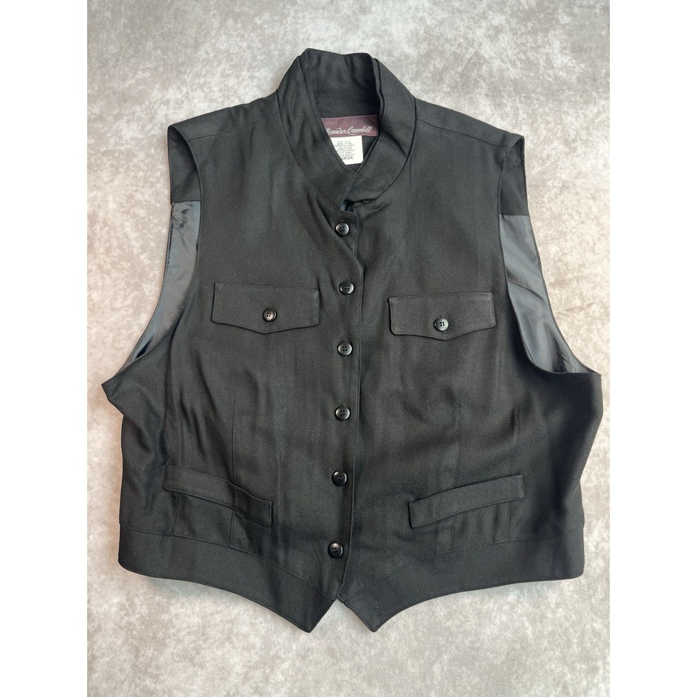 Vintage Alexander Campbell Black Rayon Button Mock Vest Women's Size L